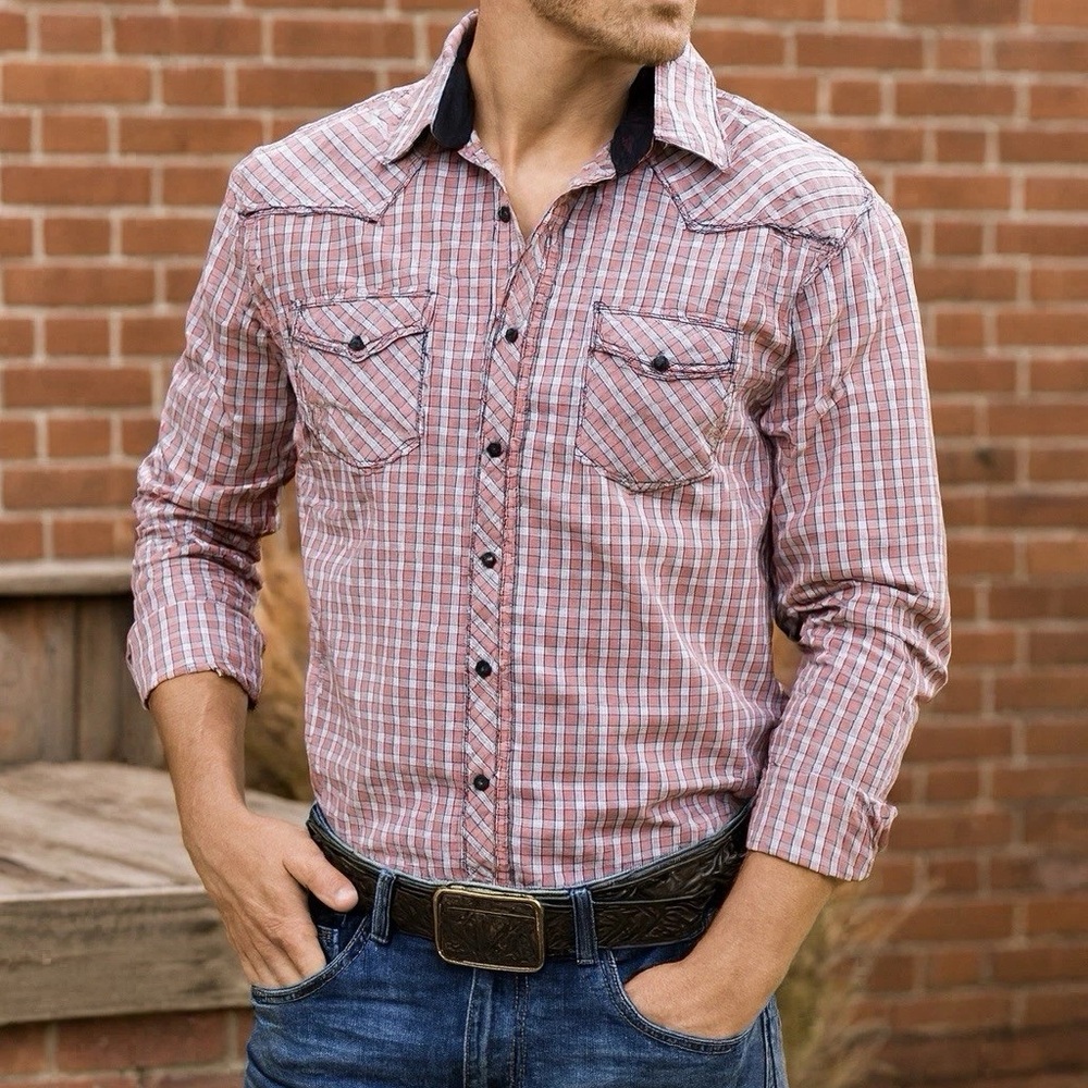 Cowboy Up Shirt Mens Large Red Plaid Pearl Snap Western Cowboy Rodeo Long Sleeve